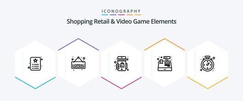 compras Al por menor y vídeo juego elementos 25 línea icono paquete incluso navegación. compras. mercado. registro. efectivo vector