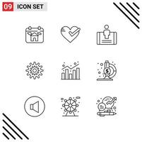 Group of 9 Modern Outlines Set for system gear tick cog social Editable Vector Design Elements