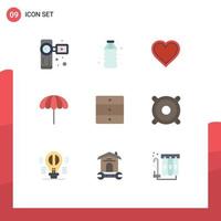 Group of 9 Modern Flat Colors Set for furniture weather heart umbrella report Editable Vector Design Elements