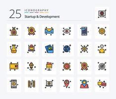 Startup And Develepment 25 Line Filled icon pack including flask. cogs. eyes. setting. chart vector