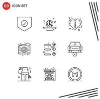 User Interface Pack of 9 Basic Outlines of market down heart image process Editable Vector Design Elements