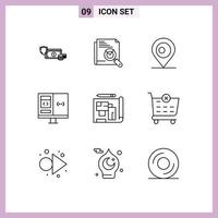 Pack of 9 Modern Outlines Signs and Symbols for Web Print Media such as computer app search bangladash location Editable Vector Design Elements