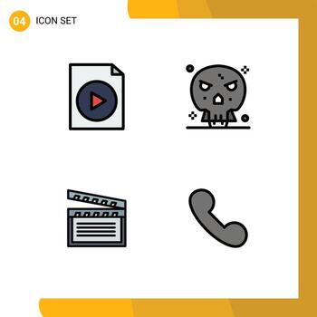 Mobile Interface Filledline Flat Color Set of 4 Pictograms of document video bones skull call Editable Vector Design Elements