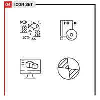 Line Pack of 4 Universal Symbols of fish dvd sea cd monitor Editable Vector Design Elements