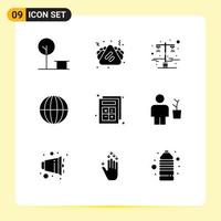 Group of 9 Modern Solid Glyphs Set for study internet lamp globe earth Editable Vector Design Elements