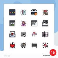 Modern Set of 16 Flat Color Filled Lines Pictograph of interface communication less sitting table drinking Editable Creative Vector Design Elements