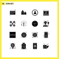 Set of 16 Vector Solid Glyphs on Grid for drone camera cam person video marketing Editable Vector Design Elements