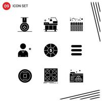 9 Thematic Vector Solid Glyphs and Editable Symbols of list currency real coin star Editable Vector Design Elements