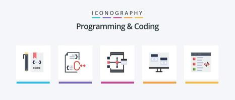 programación y codificación plano 5 5 icono paquete incluso computadora. aplicación desarrollo. diagrama de flujo desarrollar. creativo íconos diseño vector