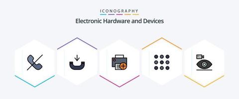 Devices 25 FilledLine icon pack including camera. cam. computers. numbers. call vector