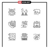 Modern Set of 9 Outlines Pictograph of fly phone bear date calendar Editable Vector Design Elements