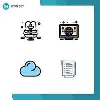 Mobile Interface Filledline Flat Color Set of 4 Pictograms of fountain check list computer cloud work task Editable Vector Design Elements