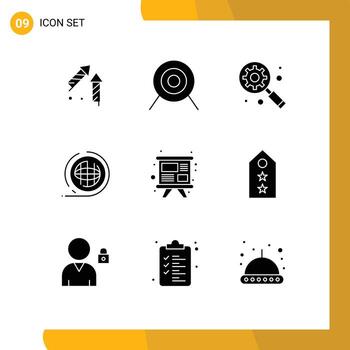 9 Universal Solid Glyphs Set for Web and Mobile Applications team presentation gear under magnifier terra planet Editable Vector Design Elements