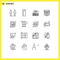 Pack of 16 Modern Outlines Signs and Symbols for Web Print Media such as retro product monitor marketing target Editable Vector Design Elements