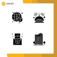 Pictogram Set of 4 Simple Solid Glyphs of global security camera globe hotel travel Editable Vector Design Elements