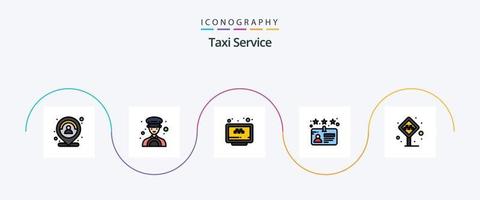 Taxi Servicio línea lleno plano 5 5 icono paquete incluso cabina. licencia. en línea. conductor. sitio web vector