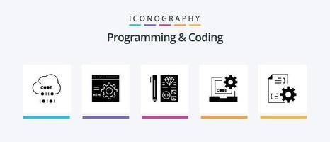 Programming And Coding Glyph 5 Icon Pack Including develop. code. development. programming. development. Creative Icons Design vector