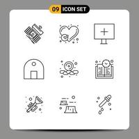 Universal Icon Symbols Group of 9 Modern Outlines of mosque historical building heart building virus Editable Vector Design Elements