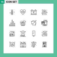 Pack of 16 Modern Outlines Signs and Symbols for Web Print Media such as analytics web cam heart camera power Editable Vector Design Elements