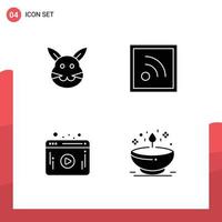 Mobile Interface Solid Glyph Set of 4 Pictograms of bunny player rabbit rss lamp Editable Vector Design Elements