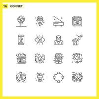 Group of 16 Modern Outlines Set for mobile web electric shield antivirus Editable Vector Design Elements