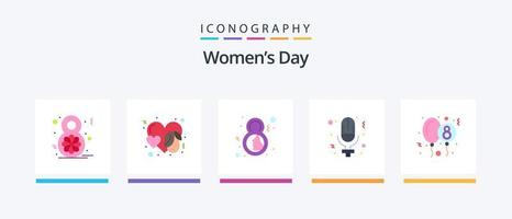 Womens Day Flat 5 Icon Pack Including balloon. record. day. microphone. face. Creative Icons Design vector