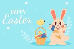 Flat easter background. Rabbit, eggs, chicken vector