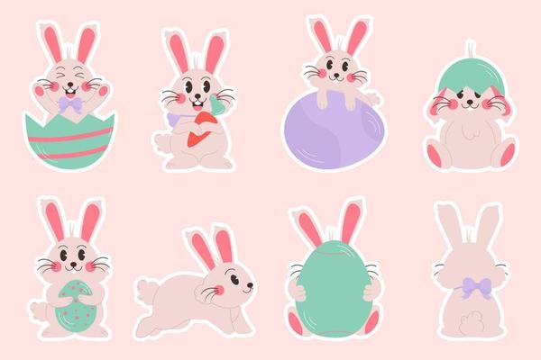 Flat easter characters bunny collection stickers. Rabbit with egg and carrot