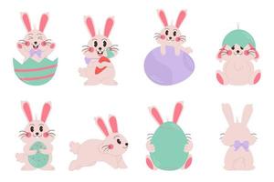 Flat easter characters bunny collection. Rabbit with egg and carrot vector