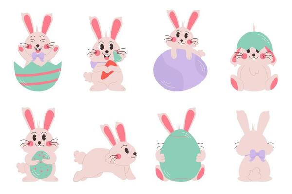 Flat easter characters bunny collection. Rabbit with egg and carrot