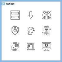 Mobile Interface Outline Set of 9 Pictograms of leader business conversation web security password Editable Vector Design Elements