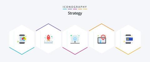 estrategia 25 plano icono paquete incluso moneda. alfiler. arriba. navegación. idea vector