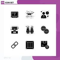 Set of 9 Commercial Solid Glyphs pack for coins gems ui earrings presentation Editable Vector Design Elements