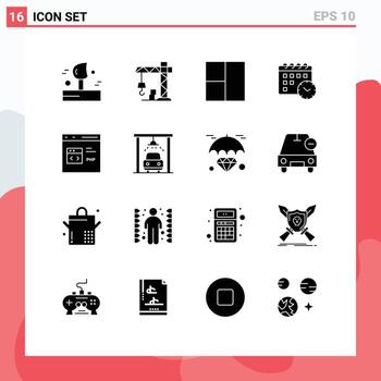 Pack of 16 Modern Solid Glyphs Signs and Symbols for Web Print Media such as car development layout develop code Editable Vector Design Elements