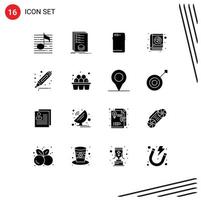 pictograma conjunto de dieciséis sencillo sólido glifos de romántico libro listado cámara móvil editable vector diseño elementos