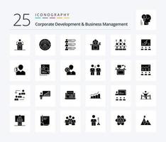 Corporate Development And Business Management 25 Solid Glyph icon pack including profile. graphs. features. skills. profile vector