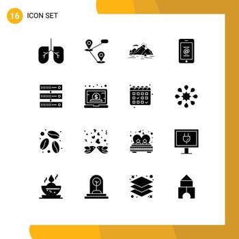 dieciséis universal sólido glifos conjunto para web y móvil aplicaciones red datos naturaleza informática carné de identidad editable vector diseño elementos