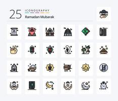 Ramadán 25 línea lleno icono paquete incluso colgante. decoración. mezquita. orar. islam vector