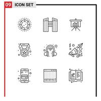 9 Universal Outlines Set for Web and Mobile Applications wireless headset intelligent blackboard education award Editable Vector Design Elements