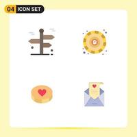 Editable Vector Line Pack of 4 Simple Flat Icons of navigation heart travelling coin loves Editable Vector Design Elements