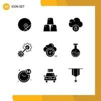 Group of 9 Modern Solid Glyphs Set for timer dashboard cloud industrial cogwheel Editable Vector Design Elements