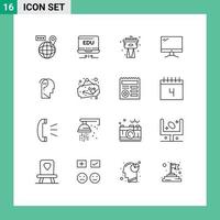 Pictogram Set of 16 Simple Outlines of confuse imac mechanical device computer Editable Vector Design Elements