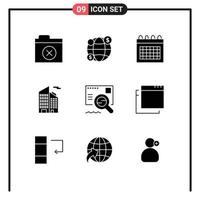 Pack of 9 Modern Solid Glyphs Signs and Symbols for Web Print Media such as apps find schedule email skyscraper Editable Vector Design Elements