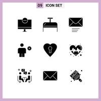 9 User Interface Solid Glyph Pack of modern Signs and Symbols of love minus mail human body Editable Vector Design Elements