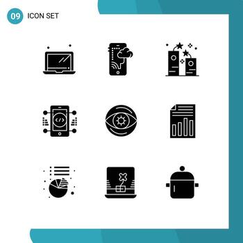 conjunto de 9 9 comercial sólido glifos paquete para ojo web petardo en línea codificación editable vector diseño elementos