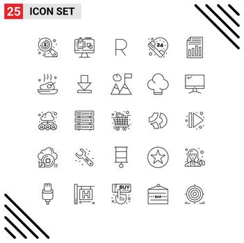 25 User Interface Line Pack of modern Signs and Symbols of page document rand survice hours Editable Vector Design Elements