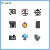Mobile Interface Filledline Flat Color Set of 9 Pictograms of clock shop chemistry page interface Editable Vector Design Elements