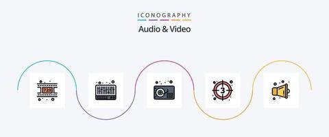 audio y vídeo línea lleno plano 5 5 icono paquete incluso . multimedia. música. megáfono. comienzo vector