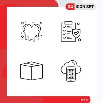 Mobile Interface Line Set of 4 Pictograms of bleeding heart cloud document box mobile Editable Vector Design Elements