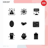 Group of 9 Solid Glyphs Signs and Symbols for handshake agreement advertise food baking Editable Vector Design Elements